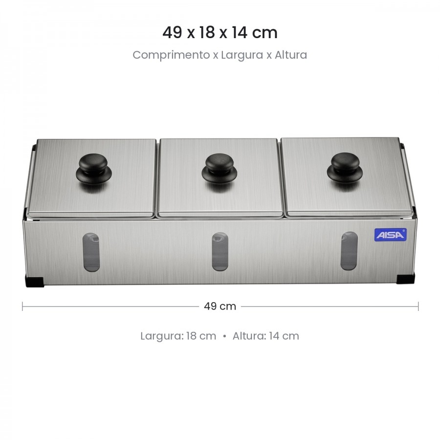Condimentadora Pizzarola Inox 3 Cubas Acrílico Tampa Individual - Aisa